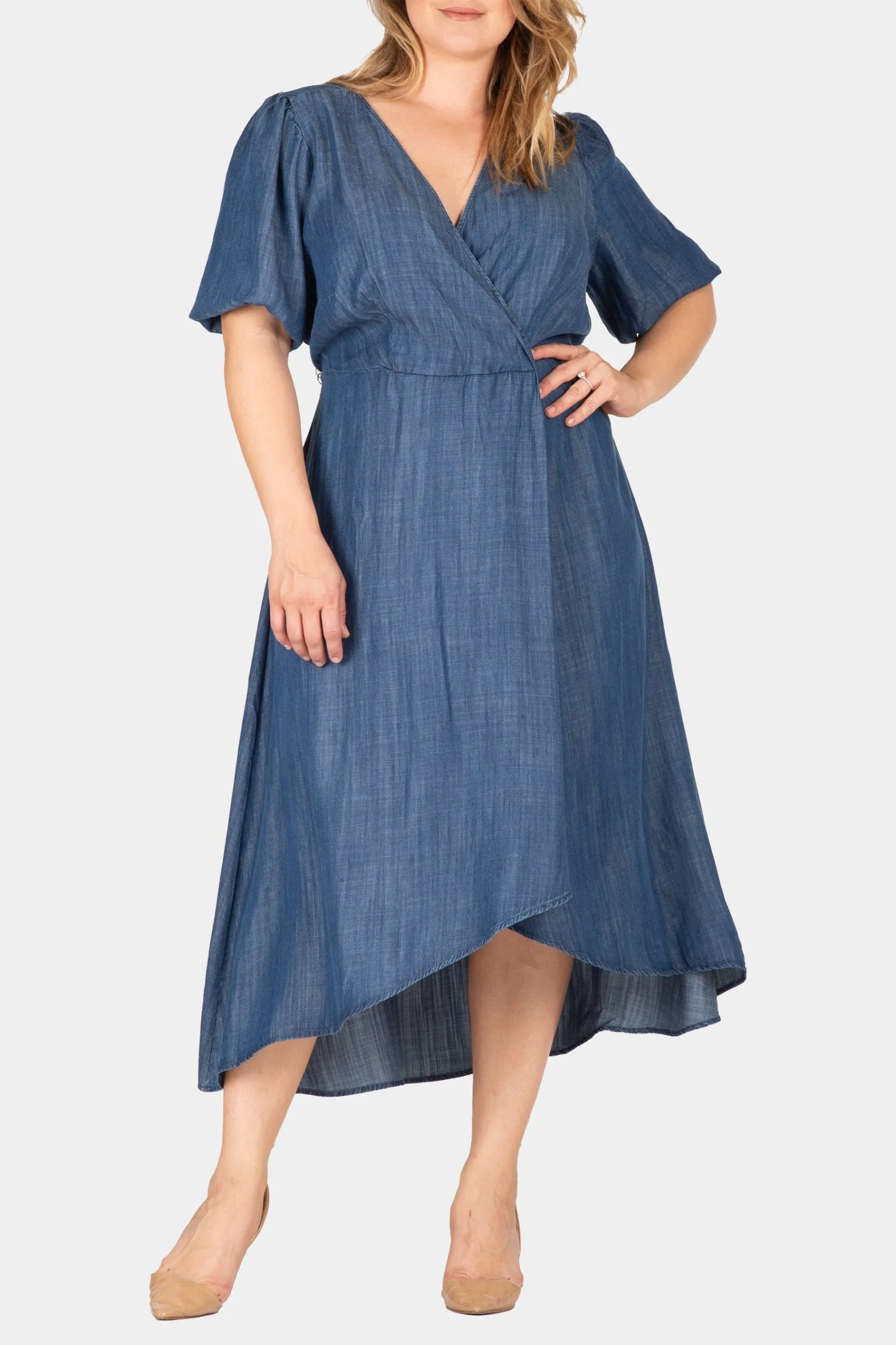 Standards & Practices Puff Sleeves High Low Tencel Dress 3 Standards & Practices Puff Sleeves High Low Tencel Dress