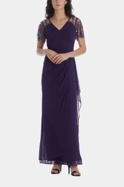 XSCAPE Long Beaded Flutter Sleeve Dress