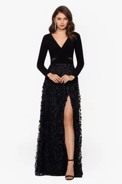 XSCAPE Long Sleeve Ruched Flower Dress -Jewelry Accessories 0d008de7 91ce 4a7d 8913 cd699ddf161c