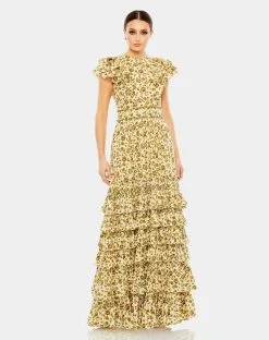 Mac Duggal Tiered Ruffle High Neck Dress