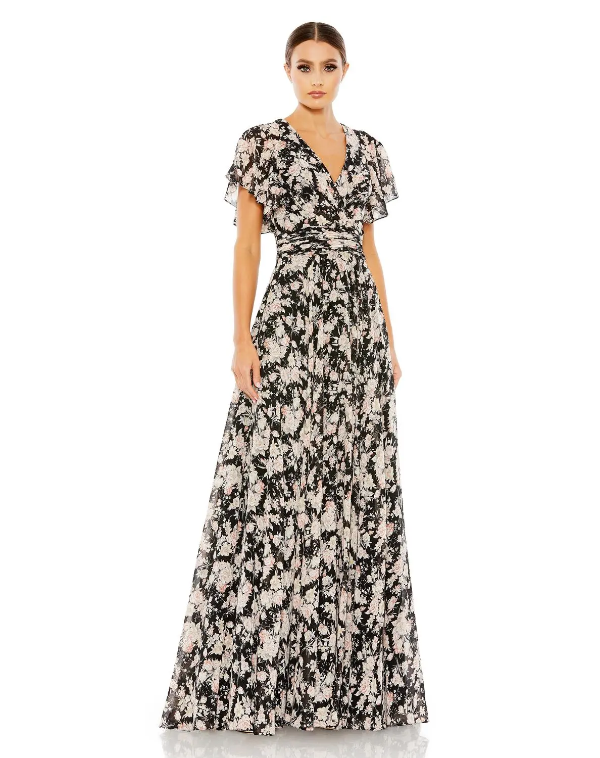 Mac Duggal Floral Print Flutter Sleeve A Line Gown 3 Mac Duggal Floral Print Flutter Sleeve A Line Gown