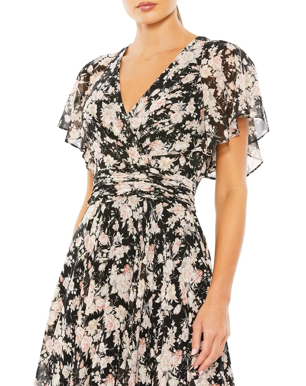 Mac Duggal Floral Print Flutter Sleeve A Line Gown 5 Mac Duggal Floral Print Flutter Sleeve A Line Gown - Image 3