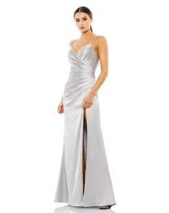 Ieena For Mac Duggal Satin Sleeveless Faux Wrap Ruched Gown