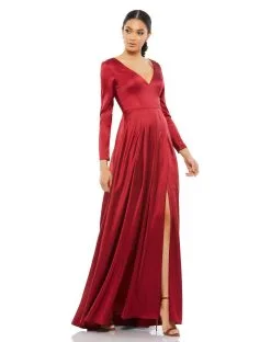 Ieena For Mac Duggal Satin V Neck Long Sleeve Pleated Gown 16 Ieena For Mac Duggal Satin V Neck Long Sleeve Pleated Gown -Jewelry Accessories 26613 2003403 4