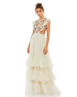 Mac Duggal Embroidered Bodice Cap Sleeve Ruffle Tiered Gown