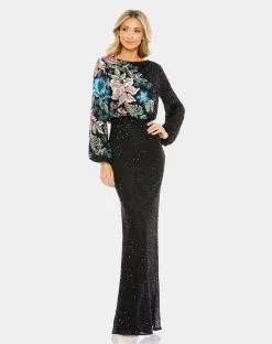 Mac Duggal Embellished Multi Color Floral High Neck Gown
