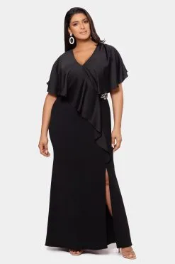 XSCAPE Long Crepe Ruffle Front Dress 9 XSCAPE Long Crepe Ruffle Front Dress -Jewelry Accessories 3cbd1279 affe 4f80 a84c 86fc636e8617