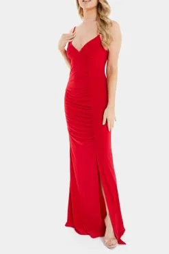 Quiz Red Scuba Crepe Ruched Front Strappy Maxi Dress