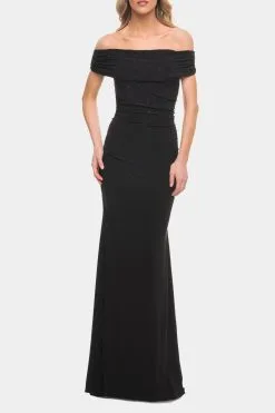 La Femme Beaded Long Jersey Off The Shoulder Gown