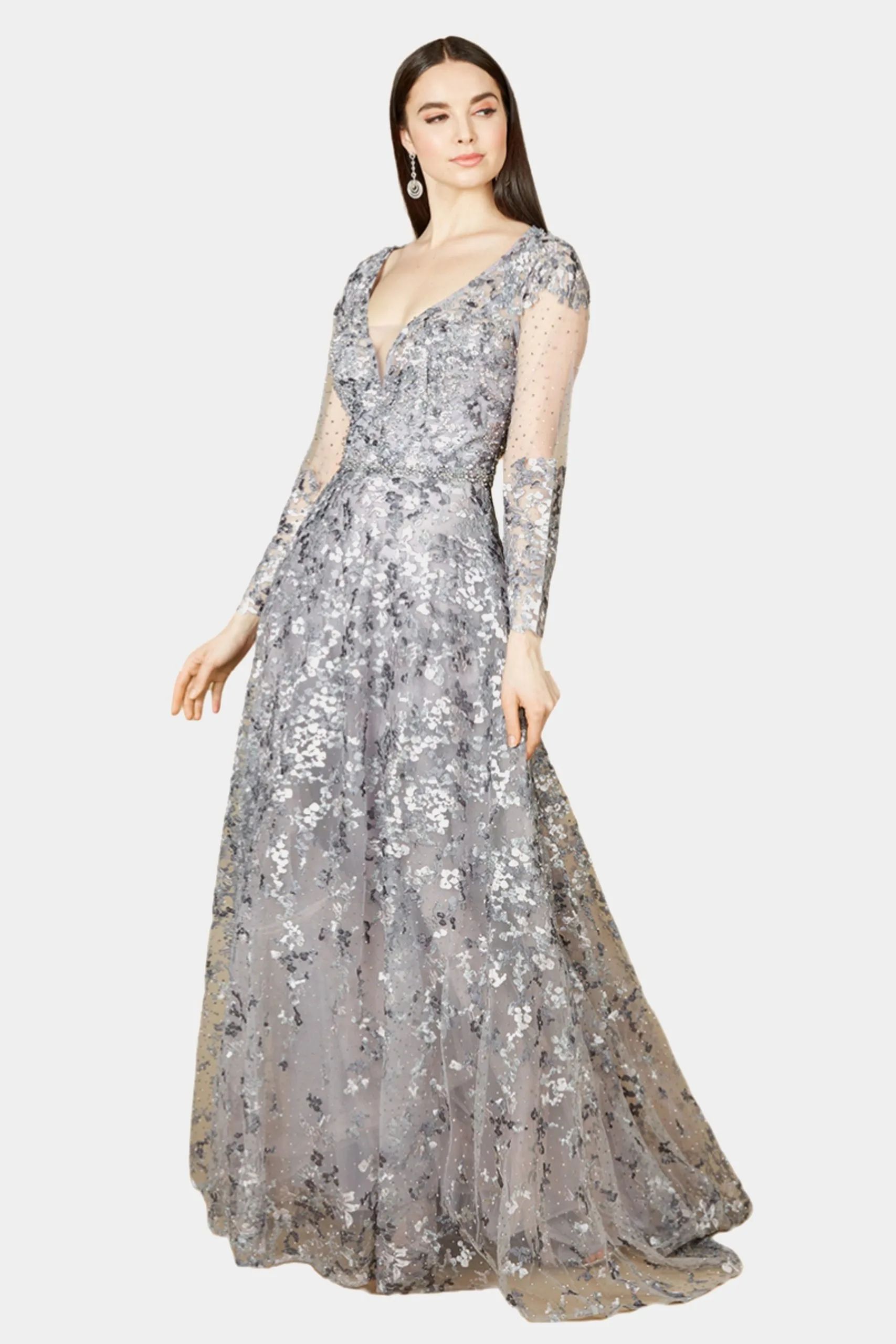 Lara A-line Gown With Long Sleeves, V-Neckline 3 Lara A-line Gown With Long Sleeves, V-Neckline