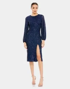 Ieena For Mac Duggal Sequined Puff Sleeve High Neck Dress