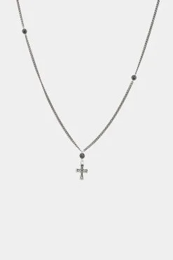 Mr. Ettika Silver Ox Chain Necklace With Hematite Stones And Silver Cross