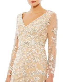 Mac Duggal Embroidered V Neck Long Sleeve Trumpet Gown -Jewelry Accessories 67892 1889731 3