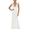 Mac Duggal Feather Shoulder V Neck Column Gown