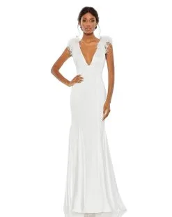 Mac Duggal Feather Shoulder V Neck Column Gown