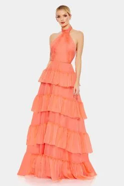Ieena For Mac Duggal Ruffle Tiered Pleated Halter Neck A Line Gown