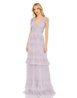 Mac Duggal Sequined Ruffled Cap Sleeve Cut Out Tiered Gown