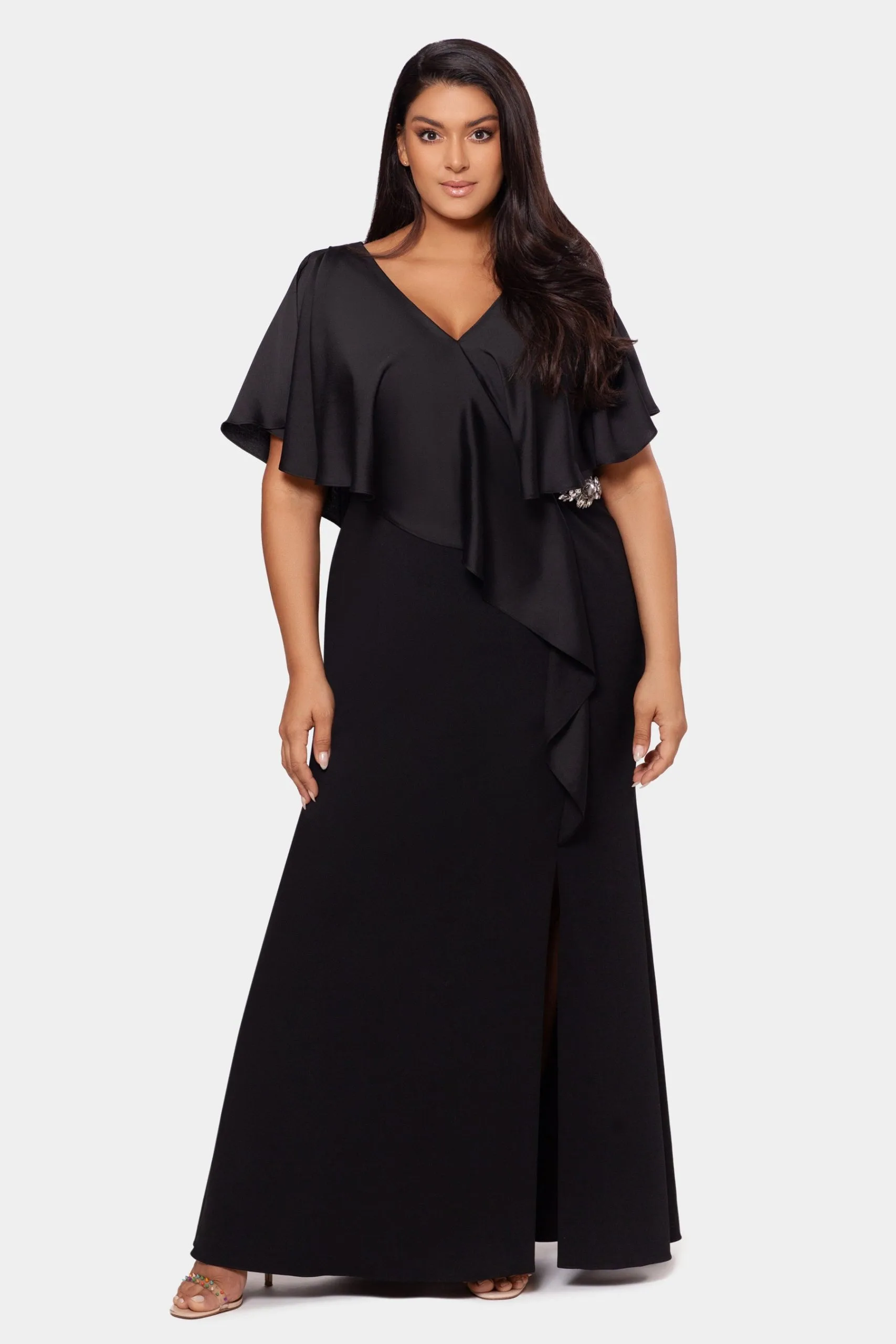 XSCAPE Long Crepe Ruffle Front Dress 3 XSCAPE Long Crepe Ruffle Front Dress