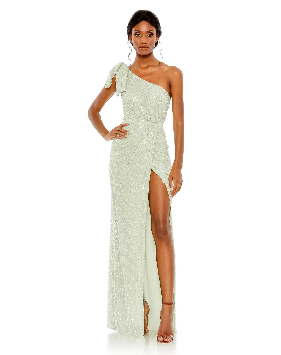Mac Duggal Pearl Embellished Soft Tie One Shoulder Gown 3 Mac Duggal Pearl Embellished Soft Tie One Shoulder Gown