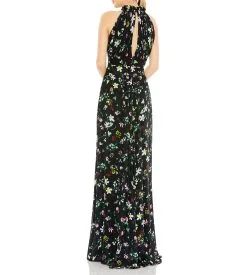 Ieena For Mac Duggal Floral Print Asymmetrical Ruffle Slit Halter Gown