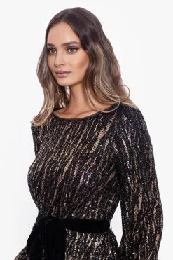 Betsy & Adam Velvet Tie Short Long Sleeve Sequin Dress -Jewelry Accessories A24163P 2082537 3