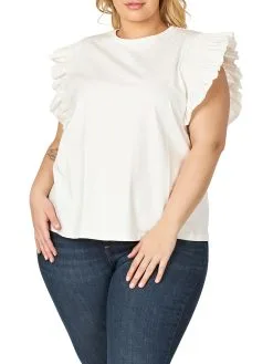 English Factory Poplin Knit Mixed Ruffle Detail Top