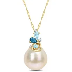 Julianna B 14k Yellow Gold Cultured Pearl Blue Topaz & Diamond Accent Necklace