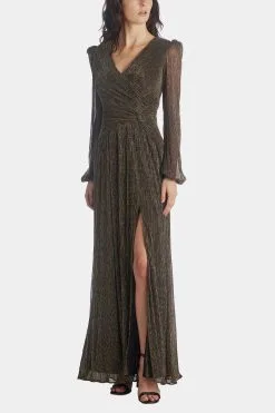 XSCAPE Long, Long Sleeve Metallic Wrap Gown