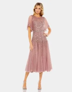 Mac Duggal Embellished Illusion Neck Butterfly Sleeve Midi Dress
