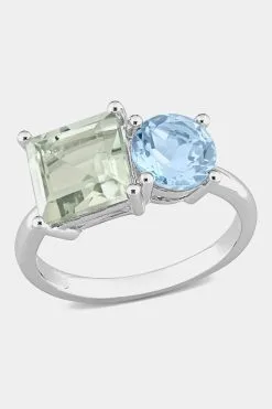 Julianna B Octagon Green Quartz And Blue Topaz 2-Stone Ring In Sterling Silver