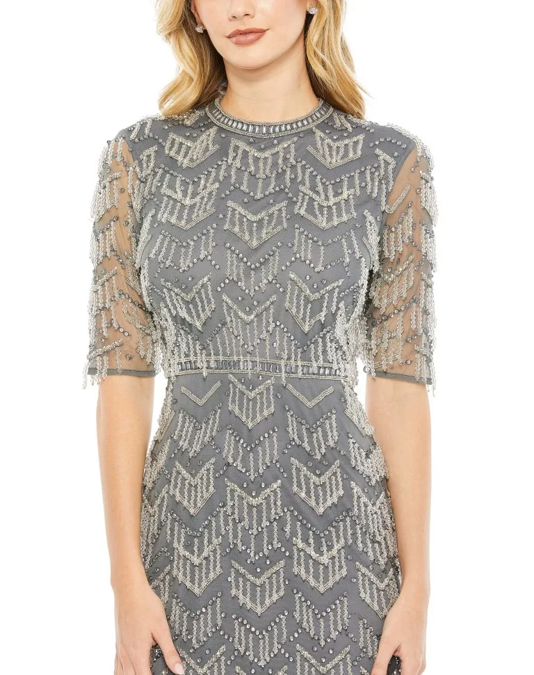 Mac Duggal Beaded Fringe Quarter Sleeve Column Gown 4 Mac Duggal Beaded Fringe Quarter Sleeve Column Gown - Image 2